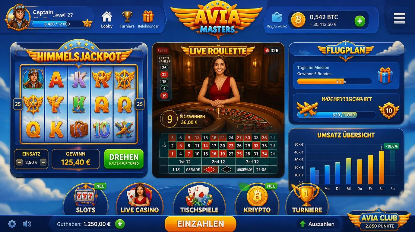 Spielautomaten im Vordergrund, Live-Dealer reduziert, Kryptowallet und Fortschrittsanzeige sichtbar.