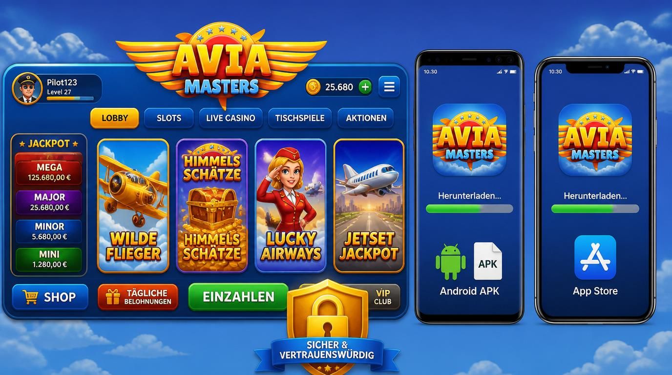 Ein deutsches Smartphone zeigt den Download der Aviamasters Casino App und ein Schloss-Symbol für Sicherheit.