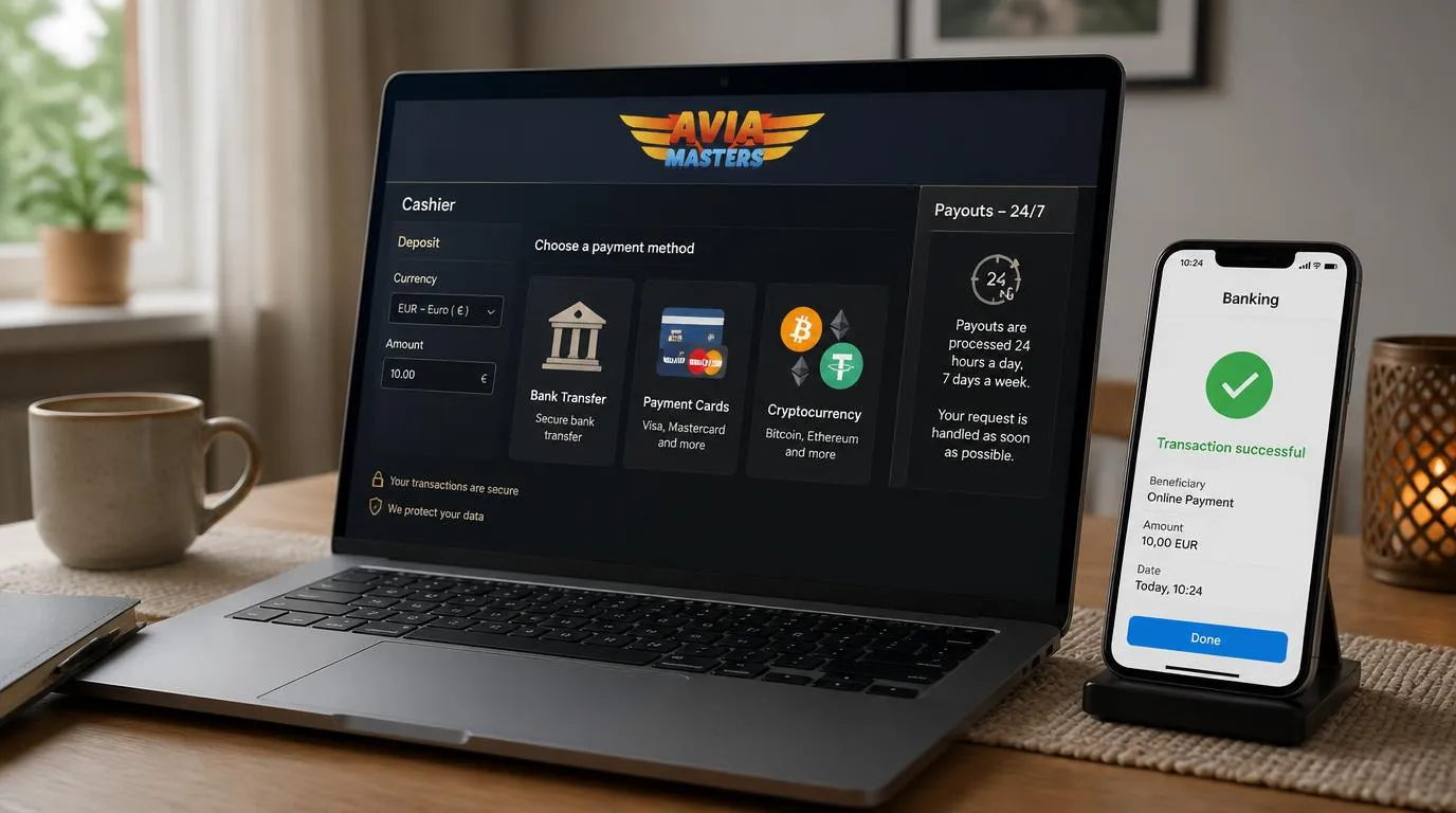 Casino-Kasse mit EUR-Auswahl, Kartenzahlung, Banküberweisung und Kryptowährungen auf einem Laptop