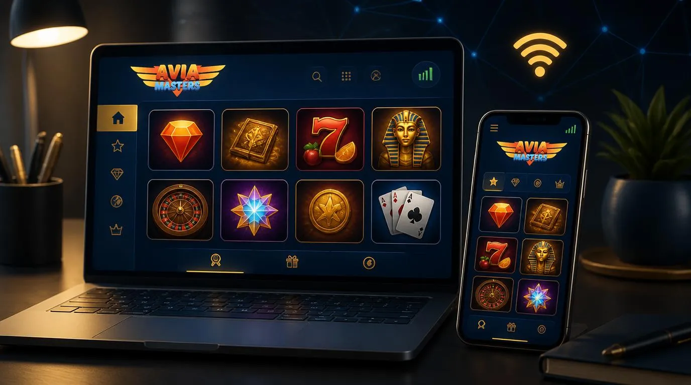 Illustration einer übersichtlichen Casino-Spielplattform auf Laptop und Smartphone