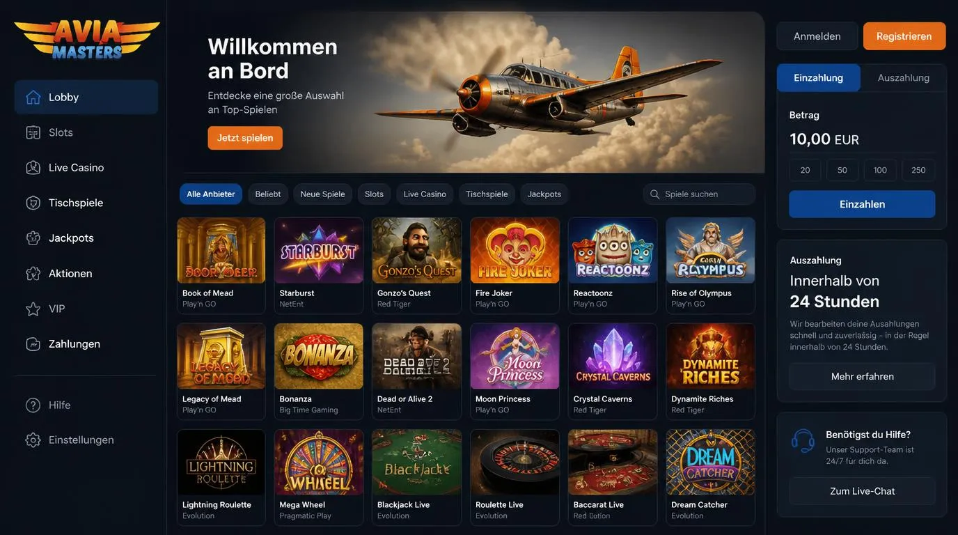 Casino-Oberfläche mit 10 EUR Mindesteinzahlung, Auszahlungszeitraum und Auswahl an Spielen