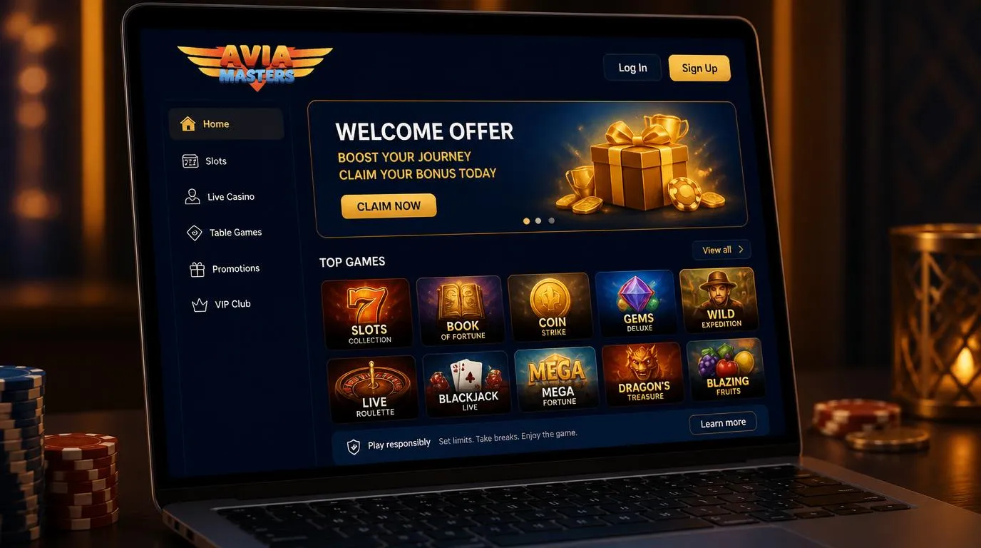 Casino-Oberfläche mit hervorgehobenem Willkommensbonus und Spielkacheln verschiedener Anbieter