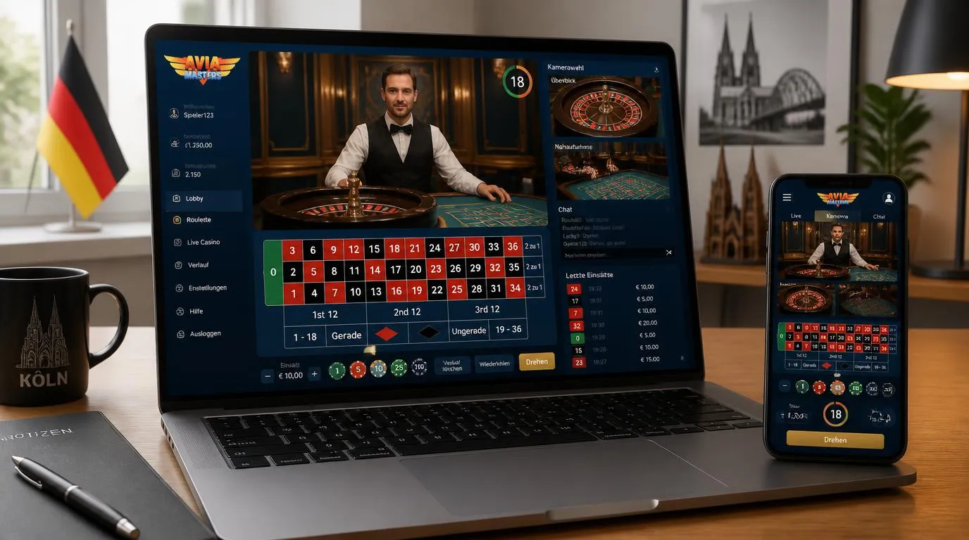 Live-Casino-Tisch auf einem Laptop mit Dealer-Stream, Chat, Einsatzhistorie und mehreren Kameraansichten